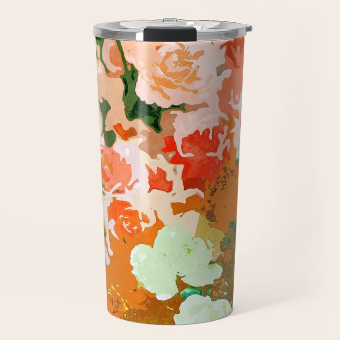 Velvet Floral, Summer Eclectic Botanical Blossom Blush Painting, Nature Colorful Garden Illustration Travel Mug