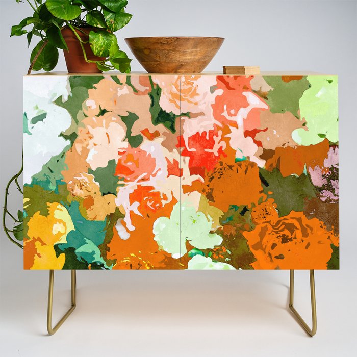 Velvet Floral, Summer Eclectic Botanical Blossom Blush Painting, Nature Colorful Garden Illustration Credenza