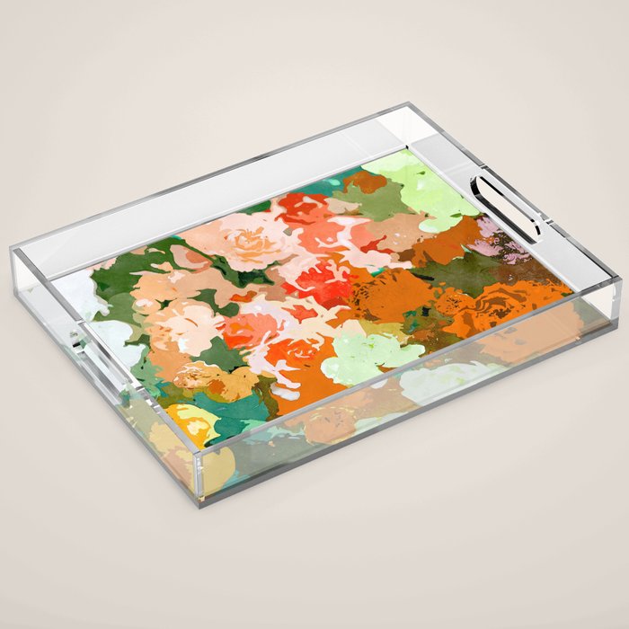 Velvet Floral, Summer Eclectic Botanical Blossom Blush Painting, Nature Colorful Garden Illustration Acrylic Tray