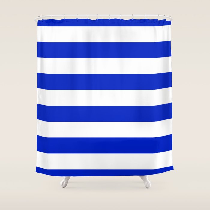 Cobalt Blue And White Wide Cabana Tent Stripe Shower Curtain