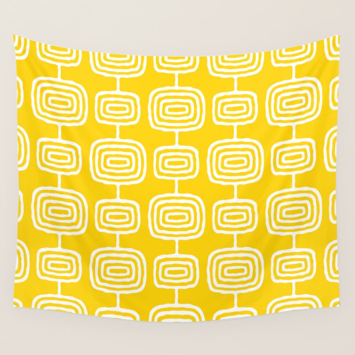 Mid Century Modern Atomic Rings Pattern Yellow Wall Tapestry