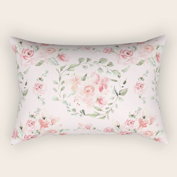 Rose Blush Watercolor Flower Pattern Rectangular Pillow