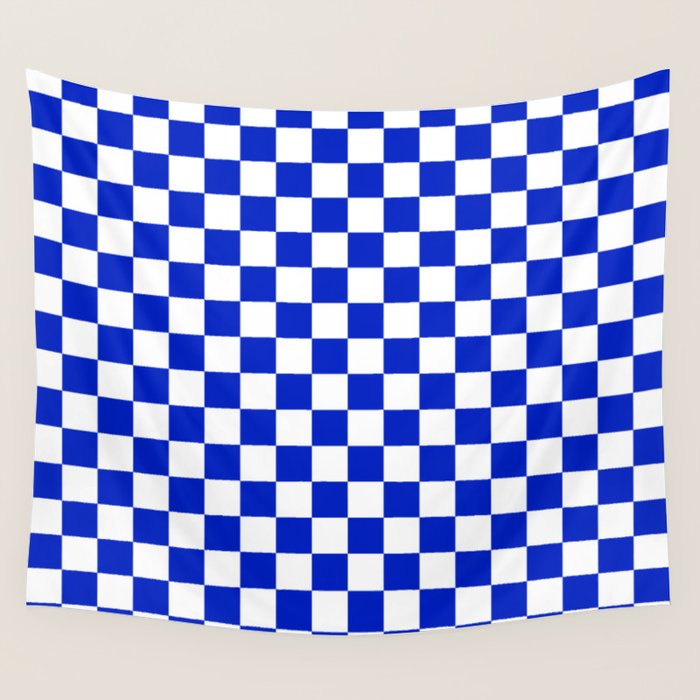 Cobalt Blue And White Checkerboard Pattern Wall Tapestry