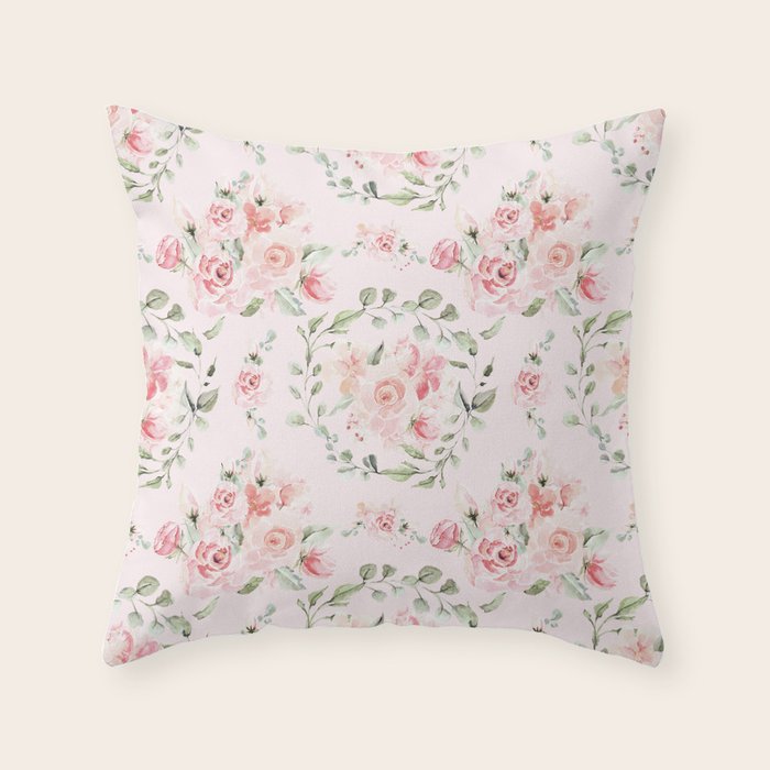 Rose Blush Watercolor Flower Pattern Throw Pillow