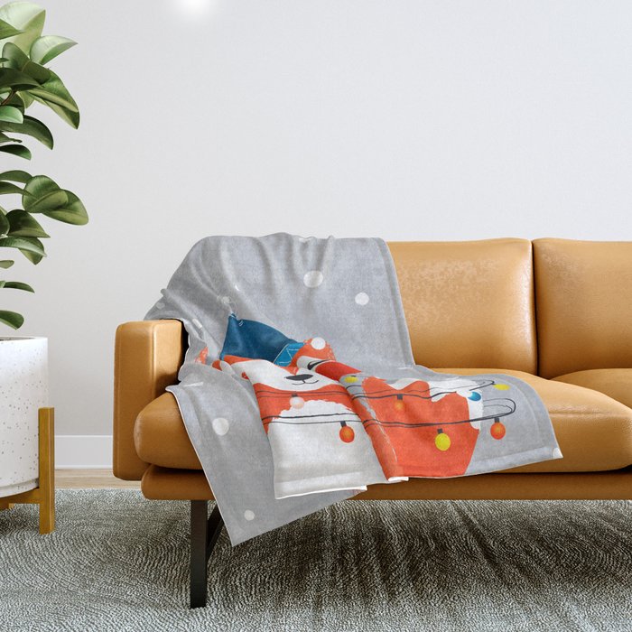 Christmas Fox With Fairy Lights Throw Blanket
