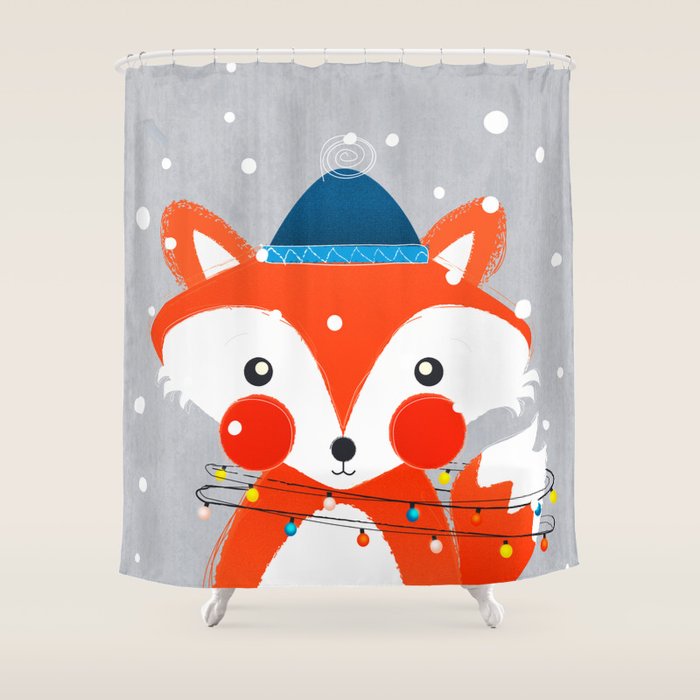 Christmas Fox With Fairy Lights Shower Curtain
