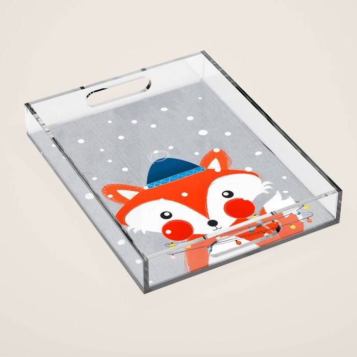 Christmas Fox With Fairy Lights Acrylic Tray