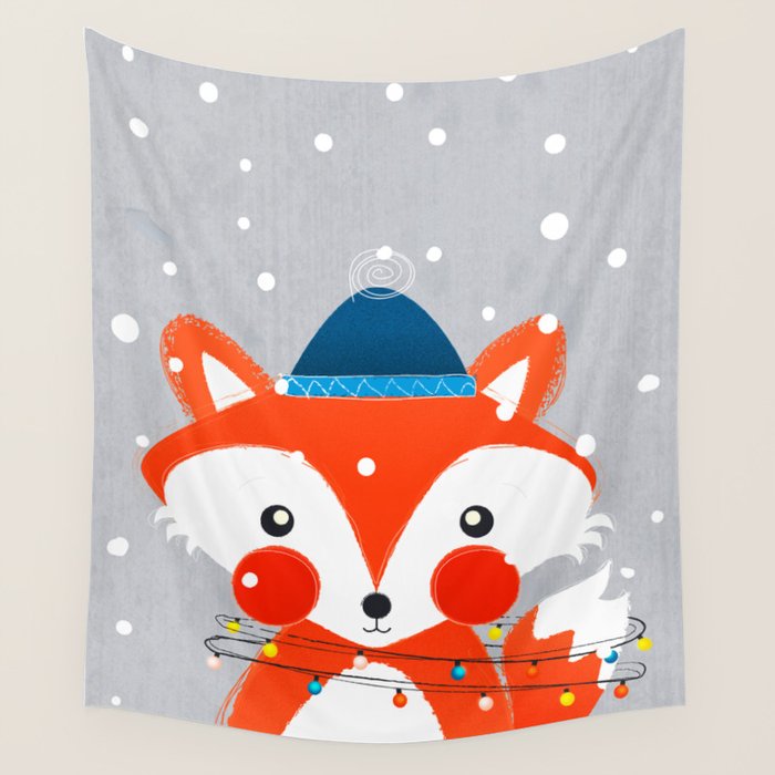 Christmas Fox With Fairy Lights Wall Tapestry