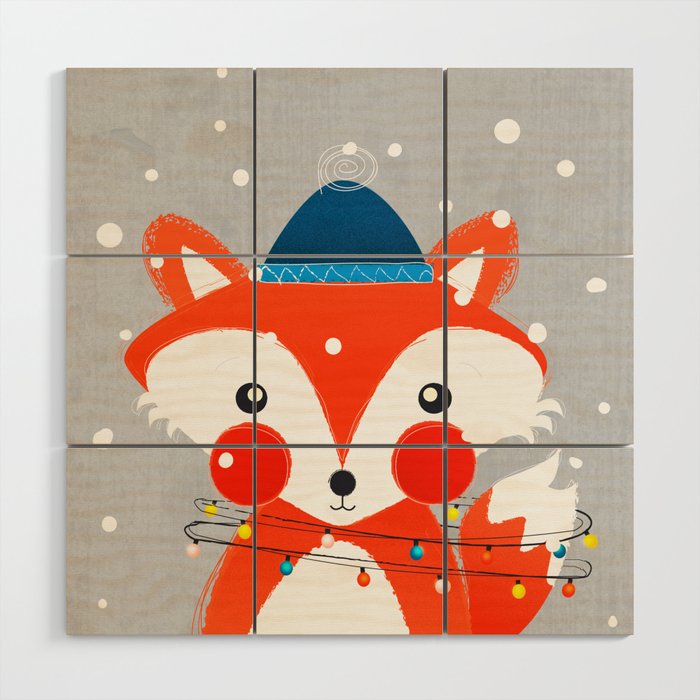 Christmas Fox With Fairy Lights Wood Wall Art
