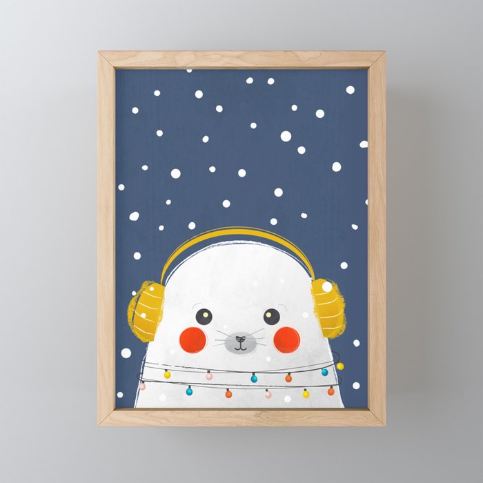 Christmas Baby Seal With Fairy Lights Mini Art Print