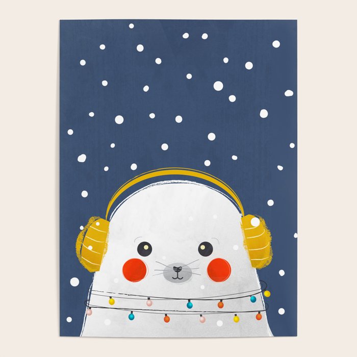 Christmas Baby Seal With Fairy Lights Poster