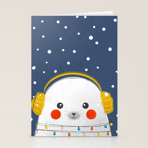 Christmas Baby Seal With Fairy Lights Stationery Card