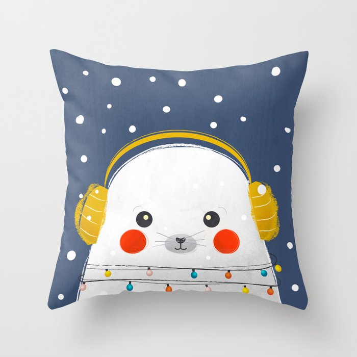 Christmas Baby Seal With Fairy Lights Throw Pillow