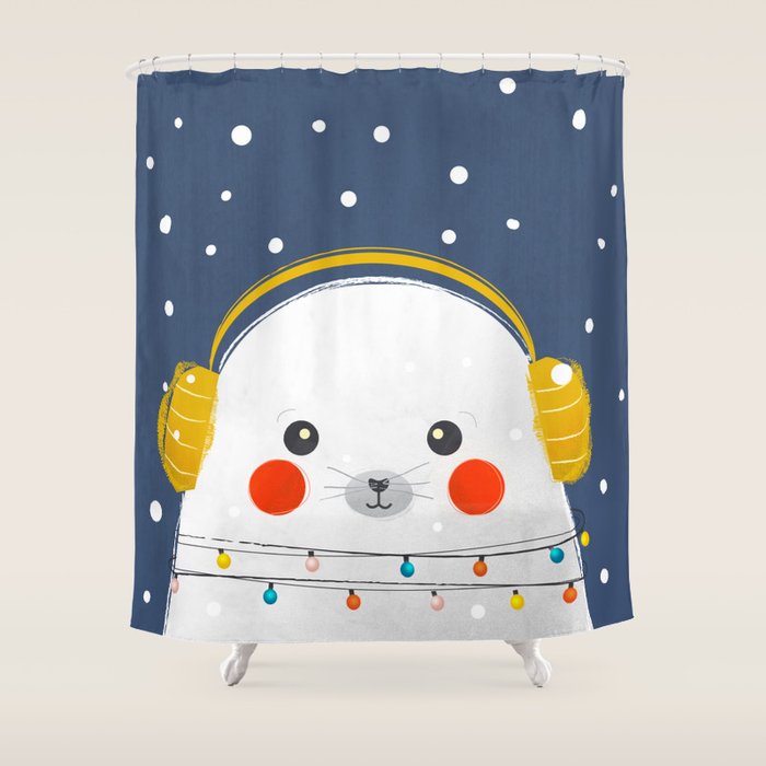 Christmas Baby Seal With Fairy Lights Shower Curtain
