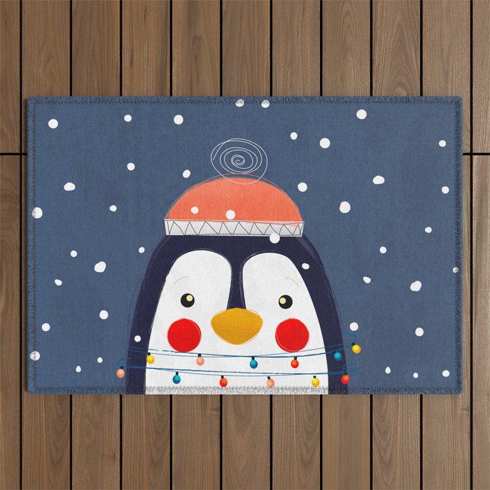 Christmas Penguin With Fairy Lights No2 Outdoor Rug
