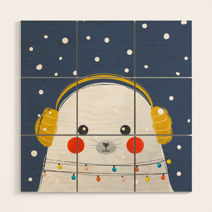 Christmas Baby Seal With Fairy Lights Wood Wall Art
