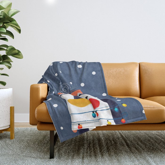 Christmas Penguin With Fairy Lights No2 Throw Blanket