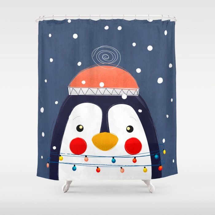 Christmas Penguin With Fairy Lights No2 Shower Curtain
