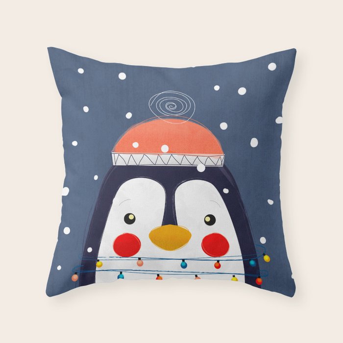 Christmas Penguin With Fairy Lights No2 Throw Pillow