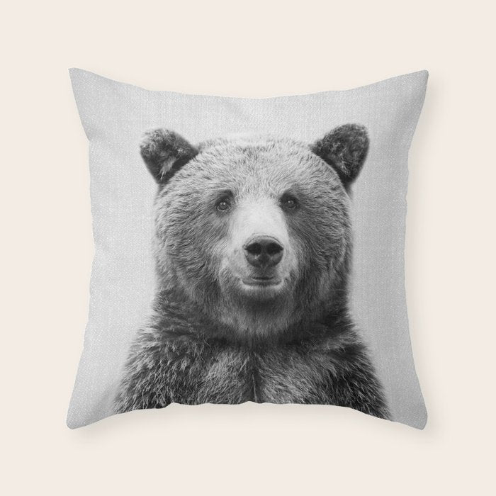 Grizzly Bear - Black & White Throw Pillow