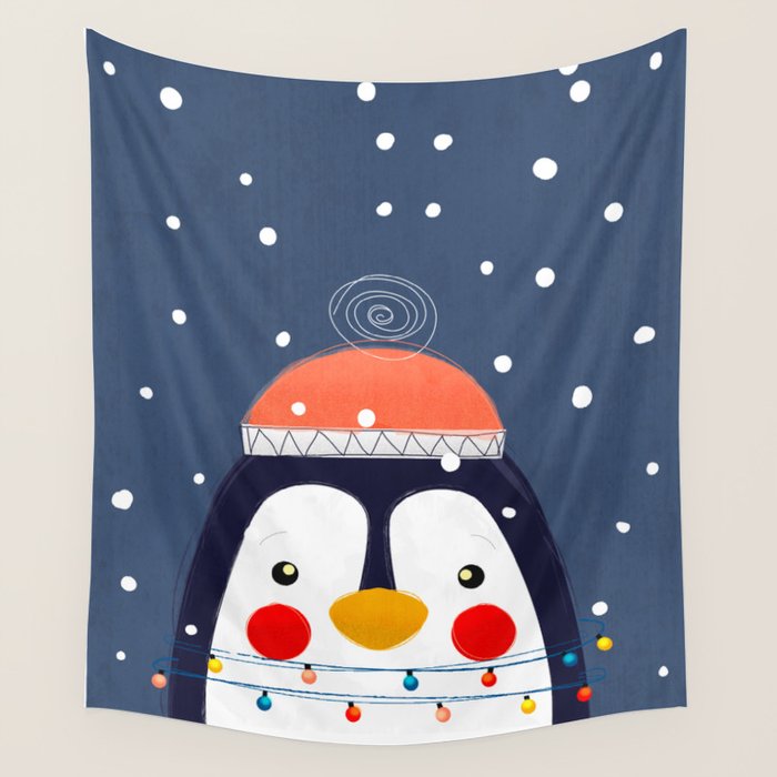 Christmas Penguin With Fairy Lights No2 Wall Tapestry