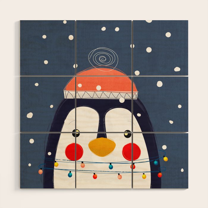 Christmas Penguin With Fairy Lights No2 Wood Wall Art