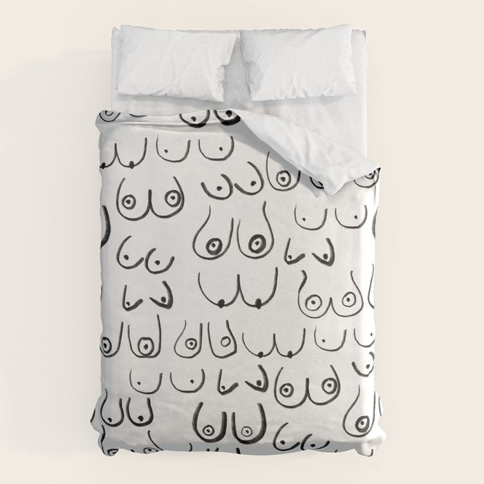 Boobs Pattern - Black And White Line Drawing, Life Drawing, Feminine Art Duvet Cover