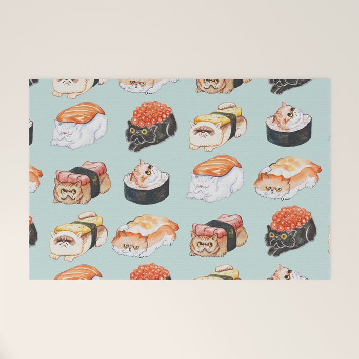 Sushi Persian Cat Watercolor Welcome Mat