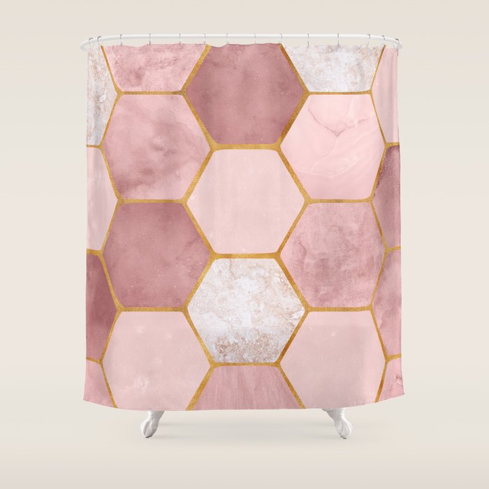 Pink And Gold Hexagon Quartz Shower Curtain
