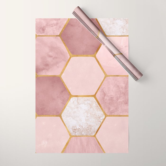 Pink And Gold Hexagon Quartz Wrapping Paper