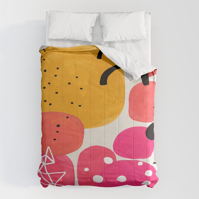 Vintage Fun Minimalist Abstract Colorful Mid Century Modern Yellow Magenta Bubbles With Patterns Comforter