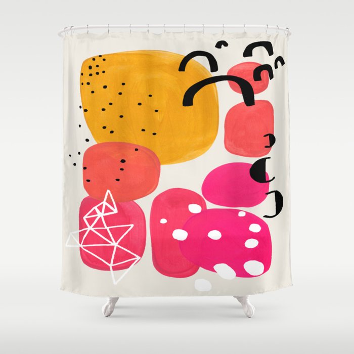 Vintage Fun Minimalist Abstract Colorful Mid Century Modern Yellow Magenta Bubbles With Patterns Shower Curtain