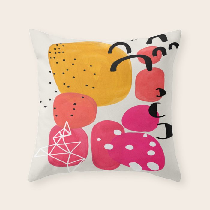 Vintage Fun Minimalist Abstract Colorful Mid Century Modern Yellow Magenta Bubbles With Patterns Throw Pillow