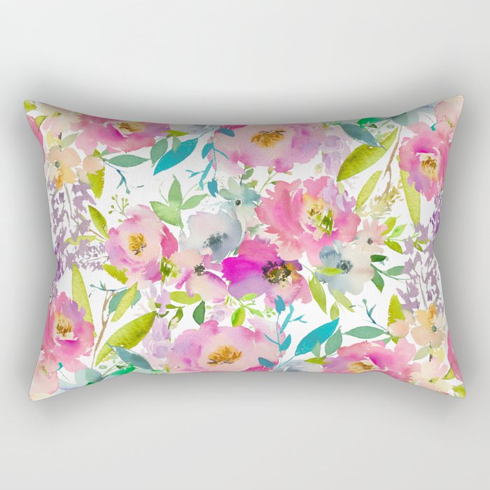 Hand Painted Pink Lavender Lilac Teal Watercolor Elegant Floral Rectangular Pillow