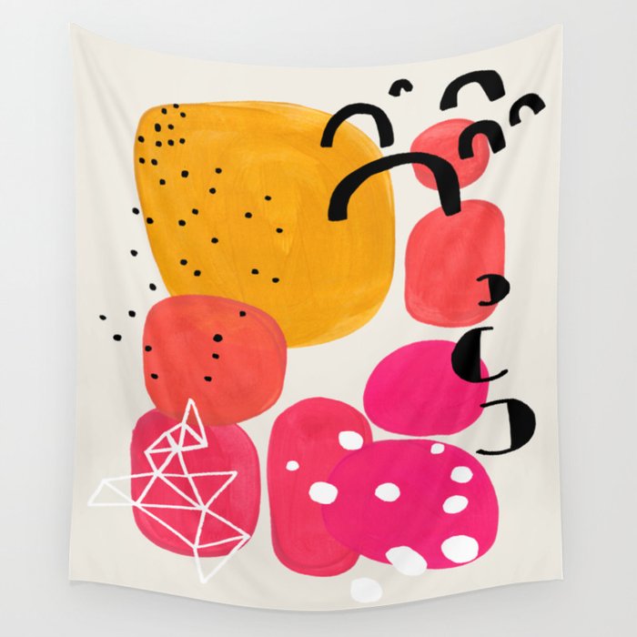 Vintage Fun Minimalist Abstract Colorful Mid Century Modern Yellow Magenta Bubbles With Patterns Wall Tapestry