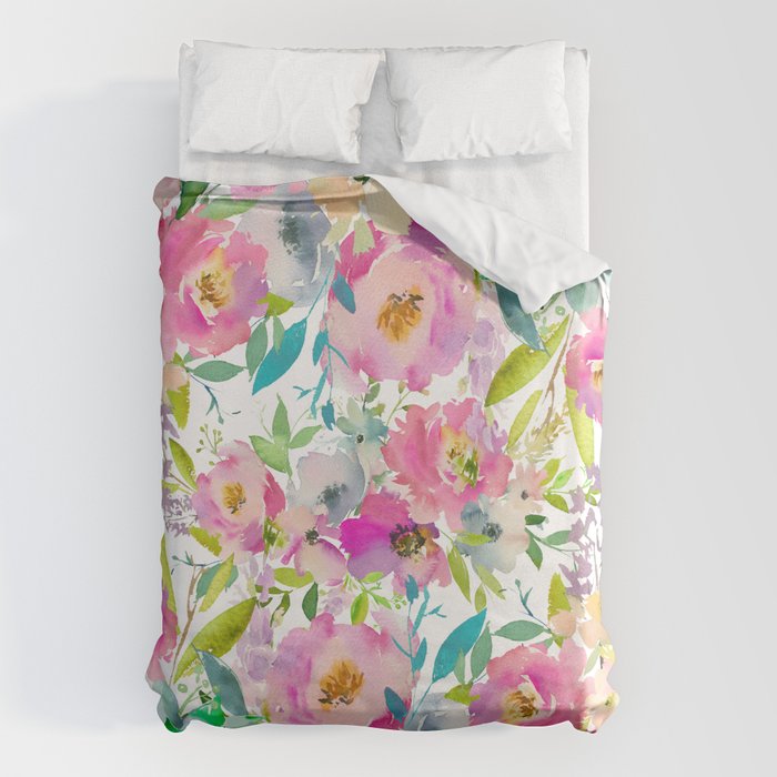 Hand Painted Pink Lavender Lilac Teal Watercolor Elegant Floral Duvet Cover