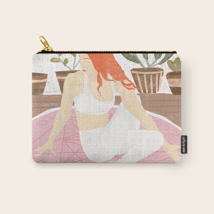 Yoga + Pizza, Red Head Woman Work Out Stay At Home, Ginger Plant Lady Home Decor Food Illustration Carry All Pouch