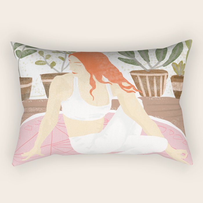 Yoga + Pizza, Red Head Woman Work Out Stay At Home, Ginger Plant Lady Home Decor Food Illustration Rectangular Pillow
