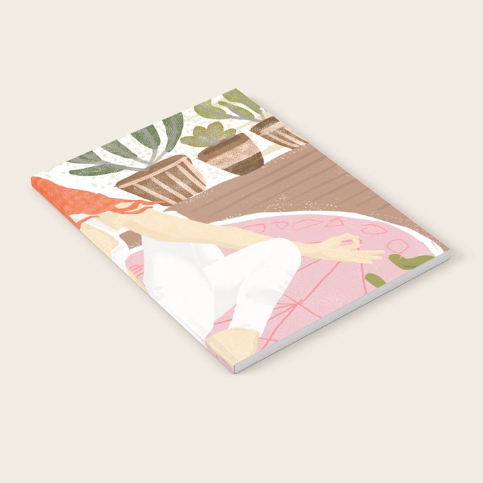 Yoga + Pizza, Red Head Woman Work Out Stay At Home, Ginger Plant Lady Home Decor Food Illustration Notebook