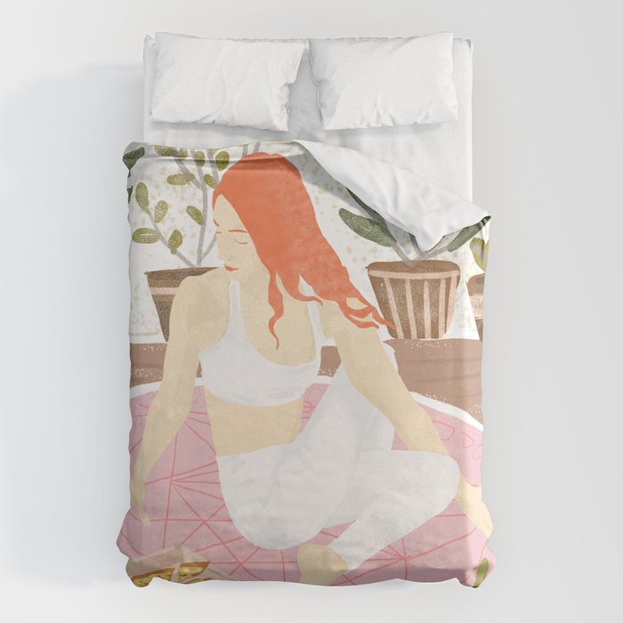 Yoga + Pizza, Red Head Woman Work Out Stay At Home, Ginger Plant Lady Home Decor Food Illustration Duvet Cover