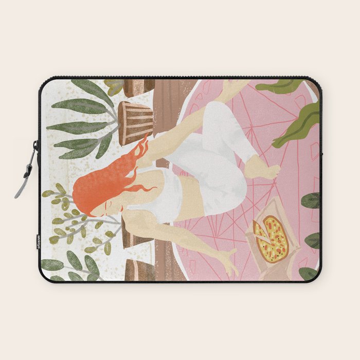 Yoga + Pizza, Red Head Woman Work Out Stay At Home, Ginger Plant Lady Home Decor Food Illustration Laptop Sleeve