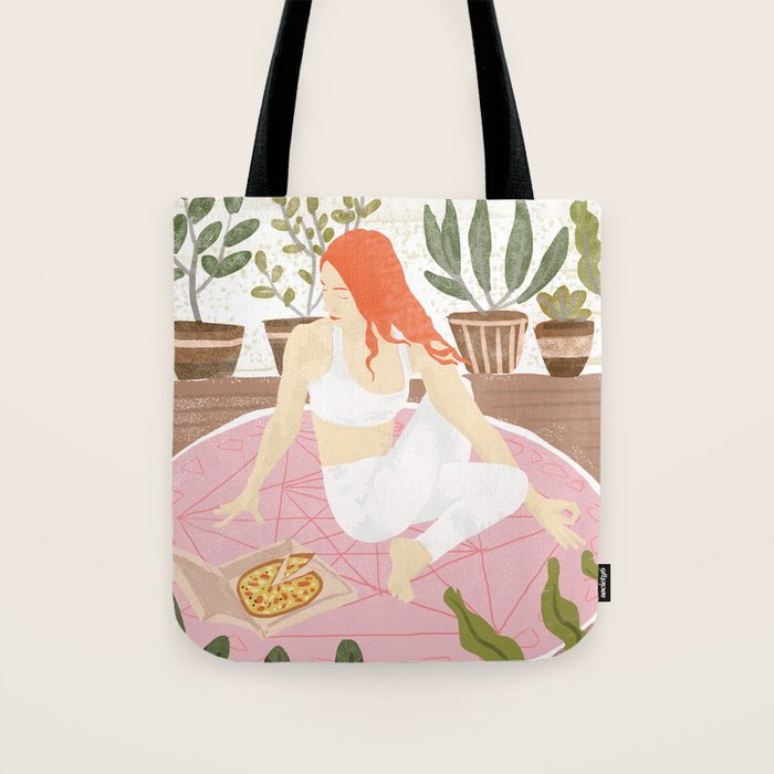 Yoga + Pizza, Red Head Woman Work Out Stay At Home, Ginger Plant Lady Home Decor Food Illustration Tote Bag