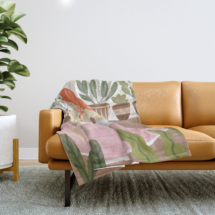 Yoga + Pizza, Red Head Woman Work Out Stay At Home, Ginger Plant Lady Home Decor Food Illustration Throw Blanket