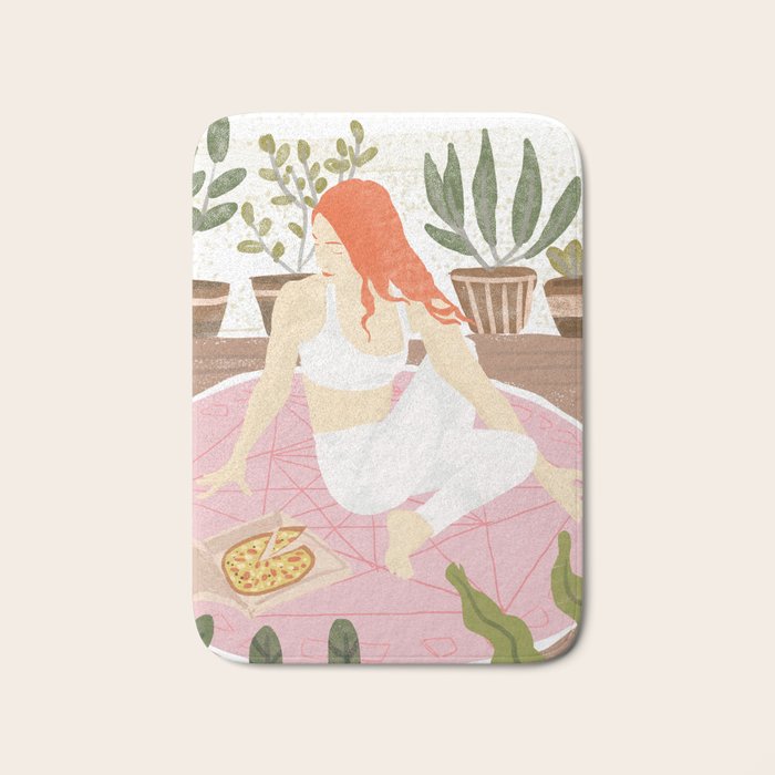 Yoga + Pizza, Red Head Woman Work Out Stay At Home, Ginger Plant Lady Home Decor Food Illustration Bath Mat