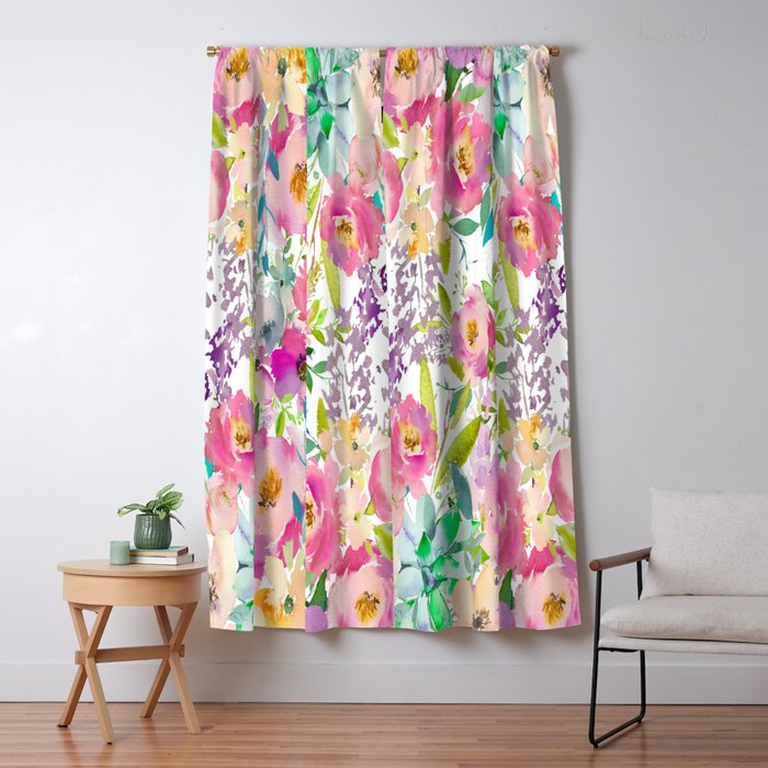 Hand Painted Pink Lavender Lilac Teal Watercolor Elegant Floral Window Curtain