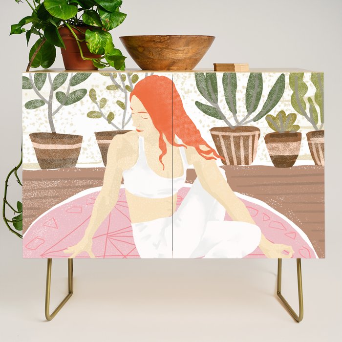 Yoga + Pizza, Red Head Woman Work Out Stay At Home, Ginger Plant Lady Home Decor Food Illustration Credenza