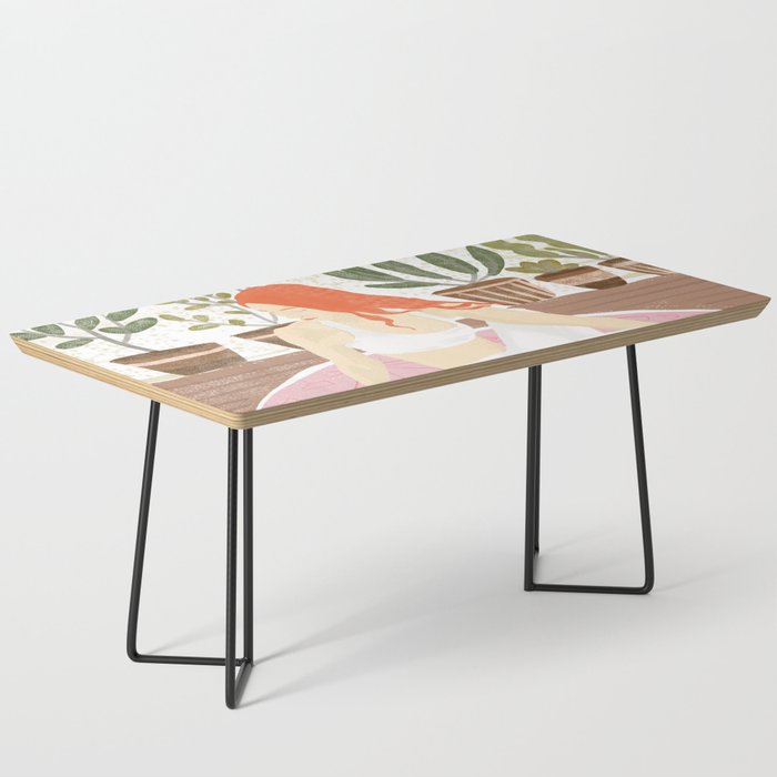 Yoga + Pizza, Red Head Woman Work Out Stay At Home, Ginger Plant Lady Home Decor Food Illustration Coffee Table