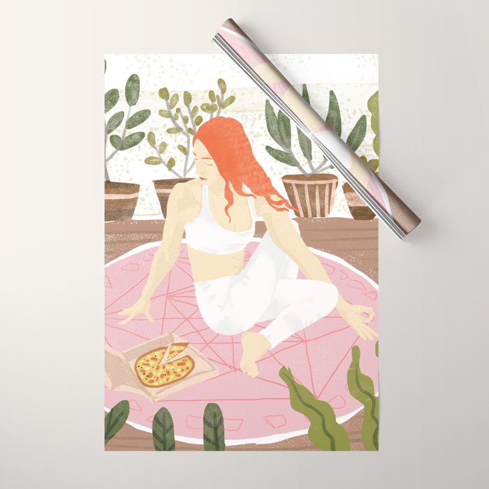 Yoga + Pizza, Red Head Woman Work Out Stay At Home, Ginger Plant Lady Home Decor Food Illustration Wrapping Paper