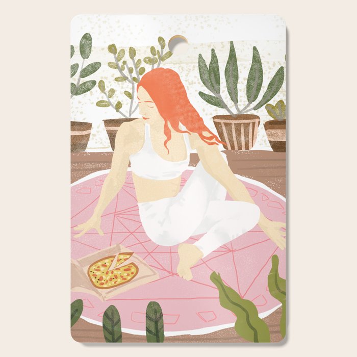 Yoga + Pizza, Red Head Woman Work Out Stay At Home, Ginger Plant Lady Home Decor Food Illustration Cutting Board