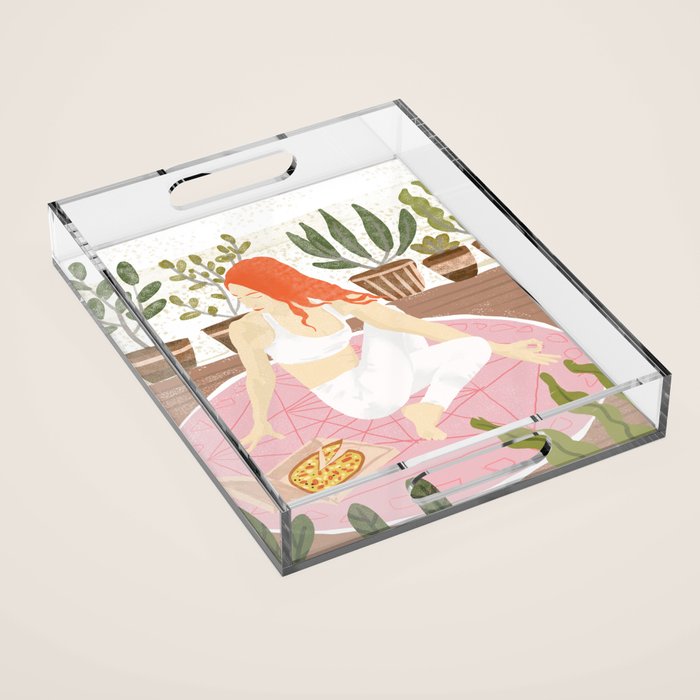 Yoga + Pizza, Red Head Woman Work Out Stay At Home, Ginger Plant Lady Home Decor Food Illustration Acrylic Tray